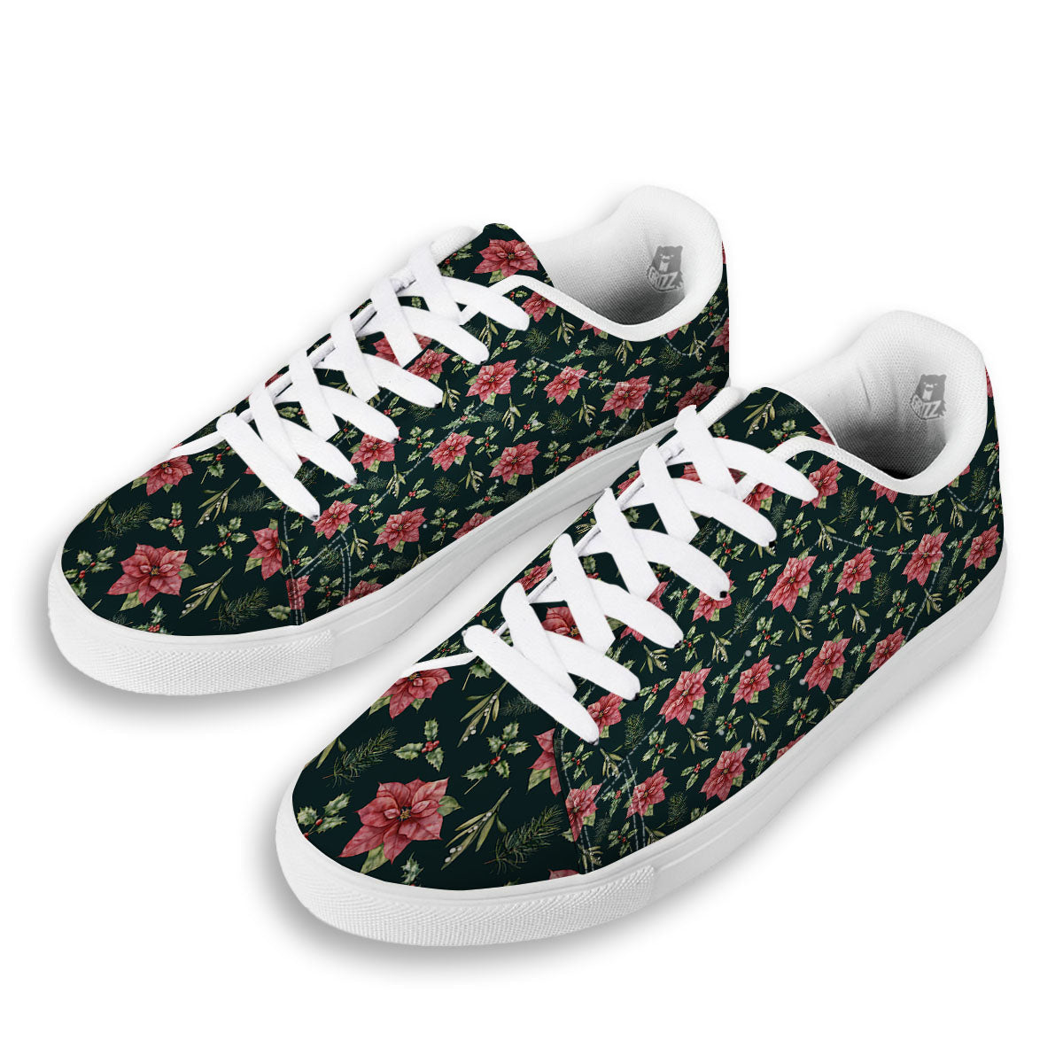 Poinsettia Christmas Watercolor Print Pattern White Low Top Sneakers-grizzshop
