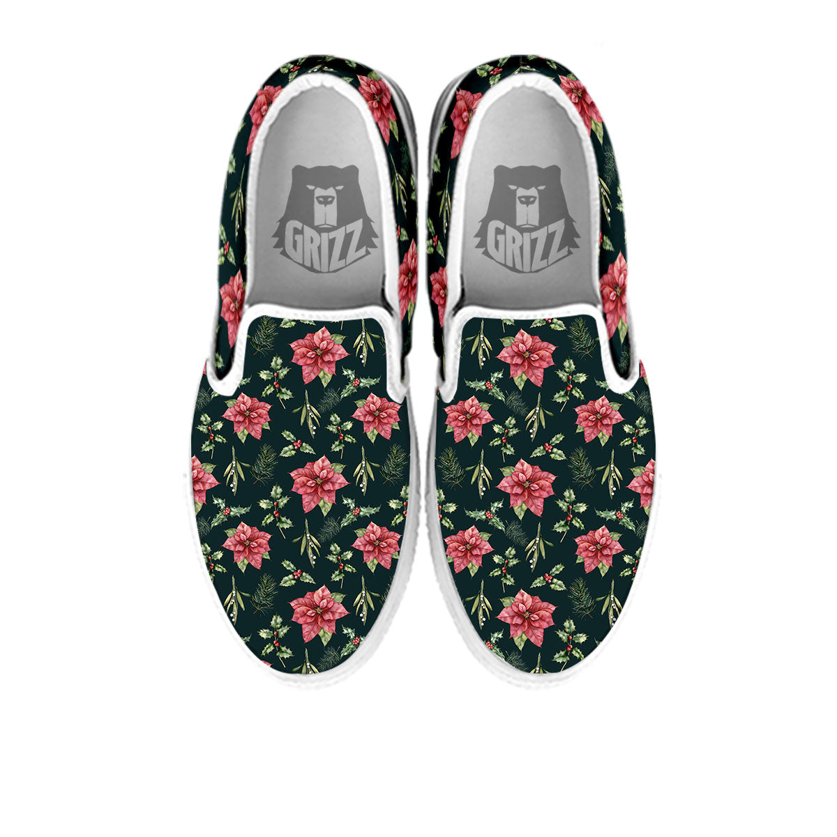 Poinsettia Christmas Watercolor Print Pattern White Slip On Shoes-grizzshop