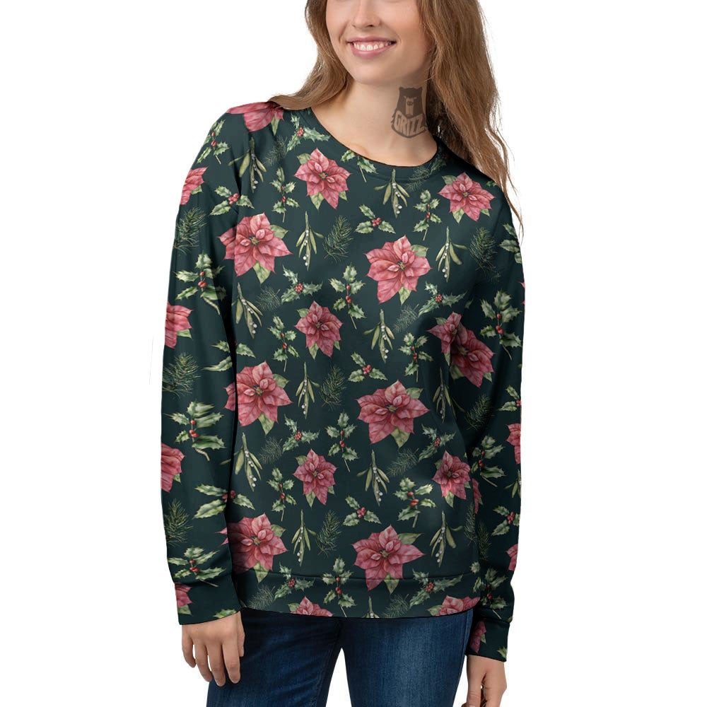 Poinsettia Christmas Watercolor Print Pattern Women's Sweatshirt-grizzshop