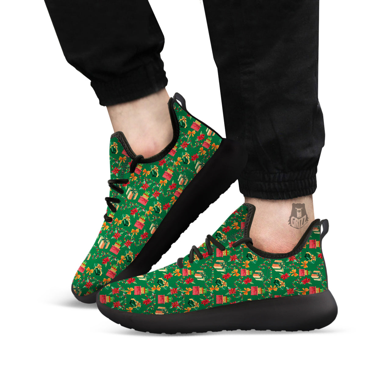 Poinsettia Cute Christmas Print Pattern Black Athletic Shoes-grizzshop