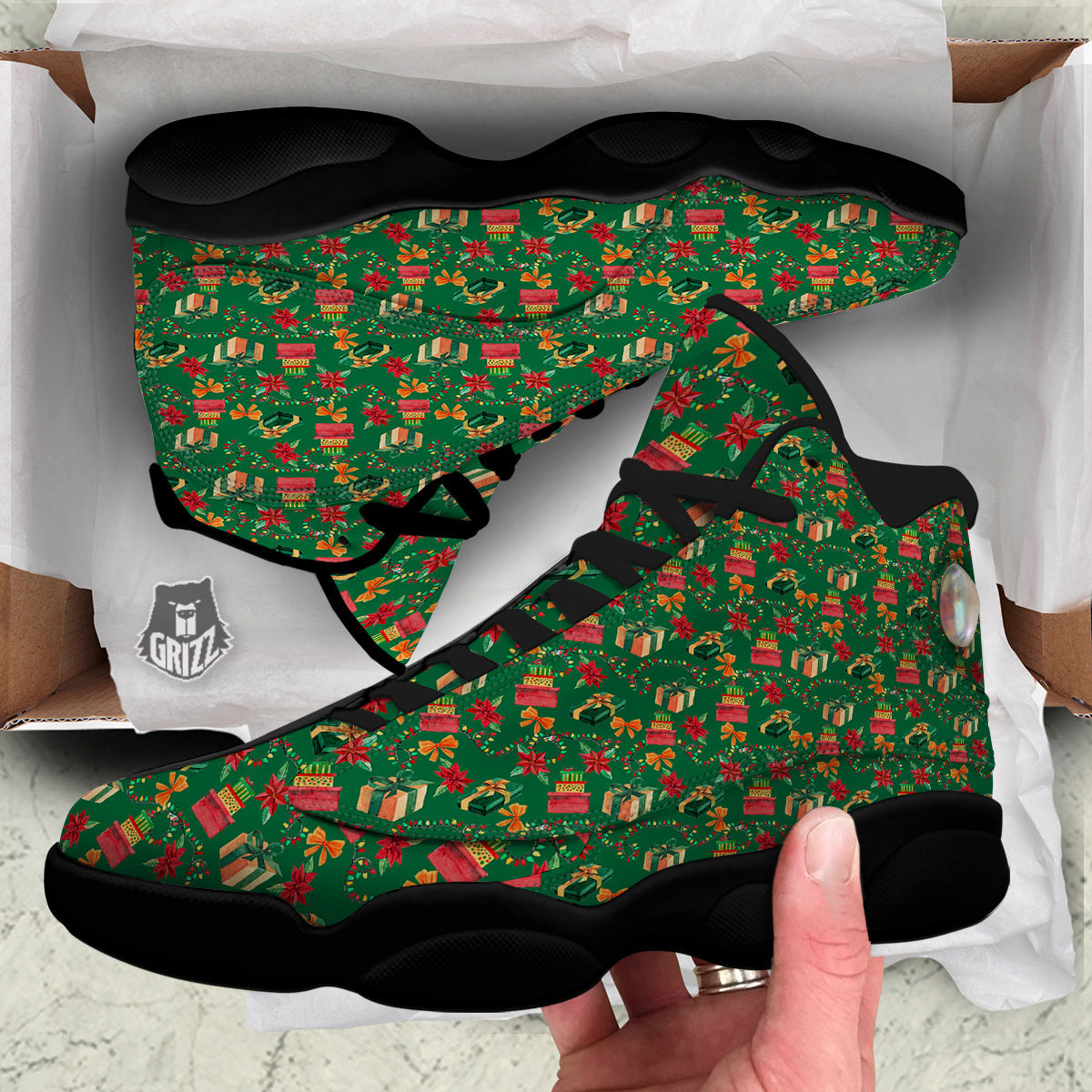 Poinsettia Cute Christmas Print Pattern Black Basketball Shoes-grizzshop