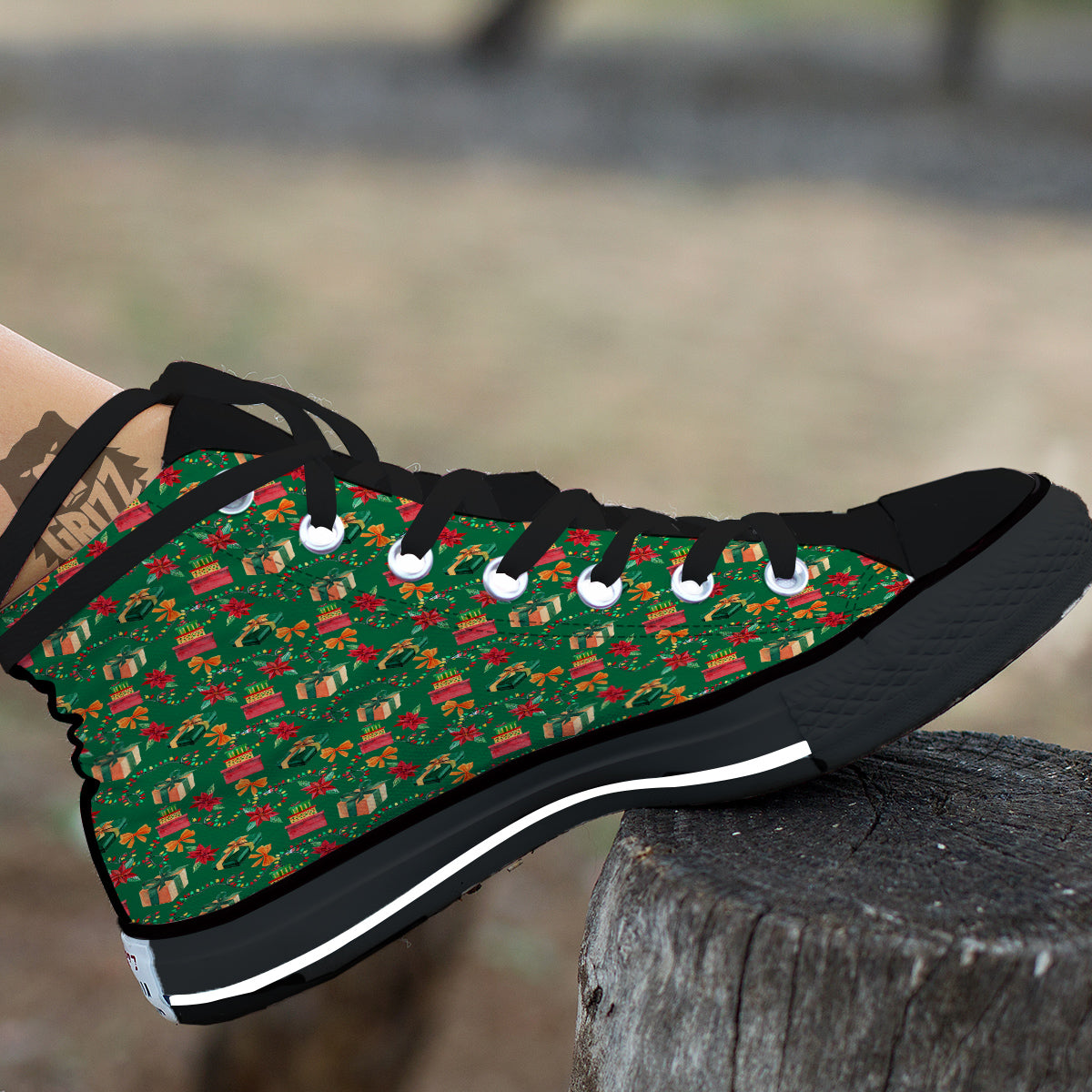 Poinsettia Cute Christmas Print Pattern Black High Top Shoes-grizzshop