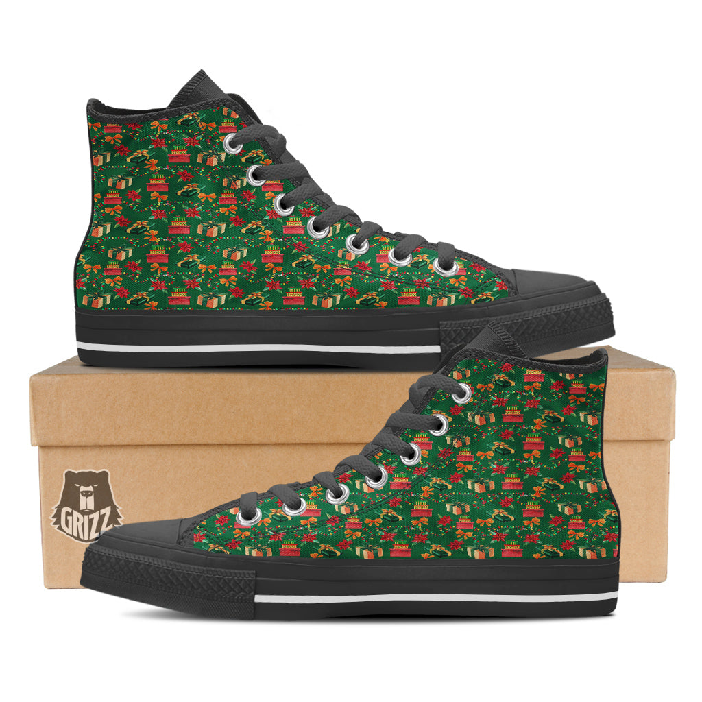 Poinsettia Cute Christmas Print Pattern Black High Top Shoes-grizzshop