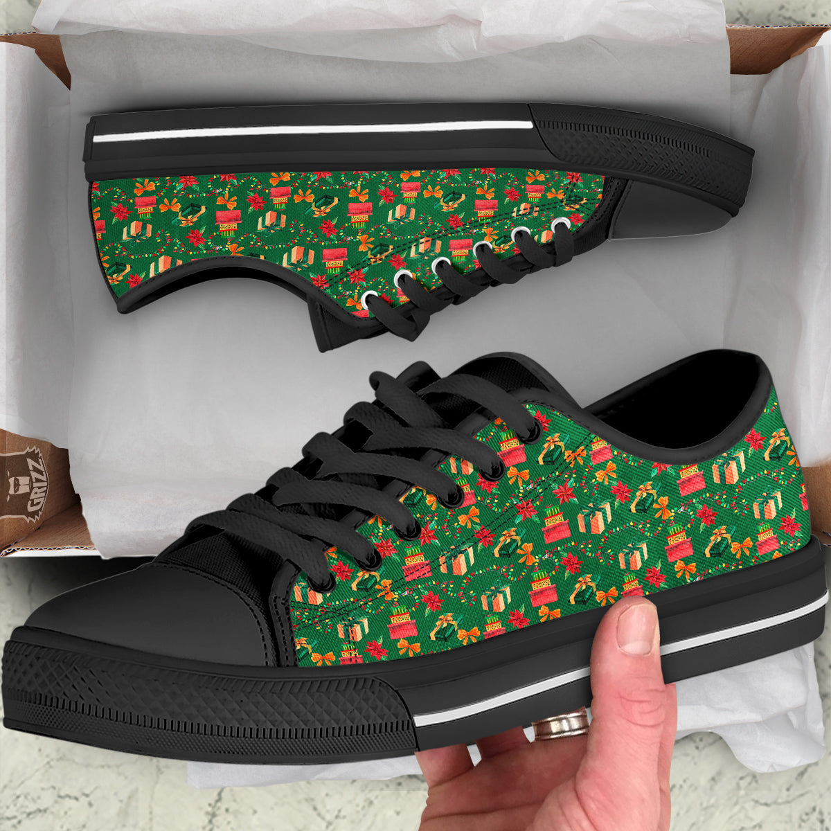 Poinsettia Cute Christmas Print Pattern Black Low Top Shoes-grizzshop