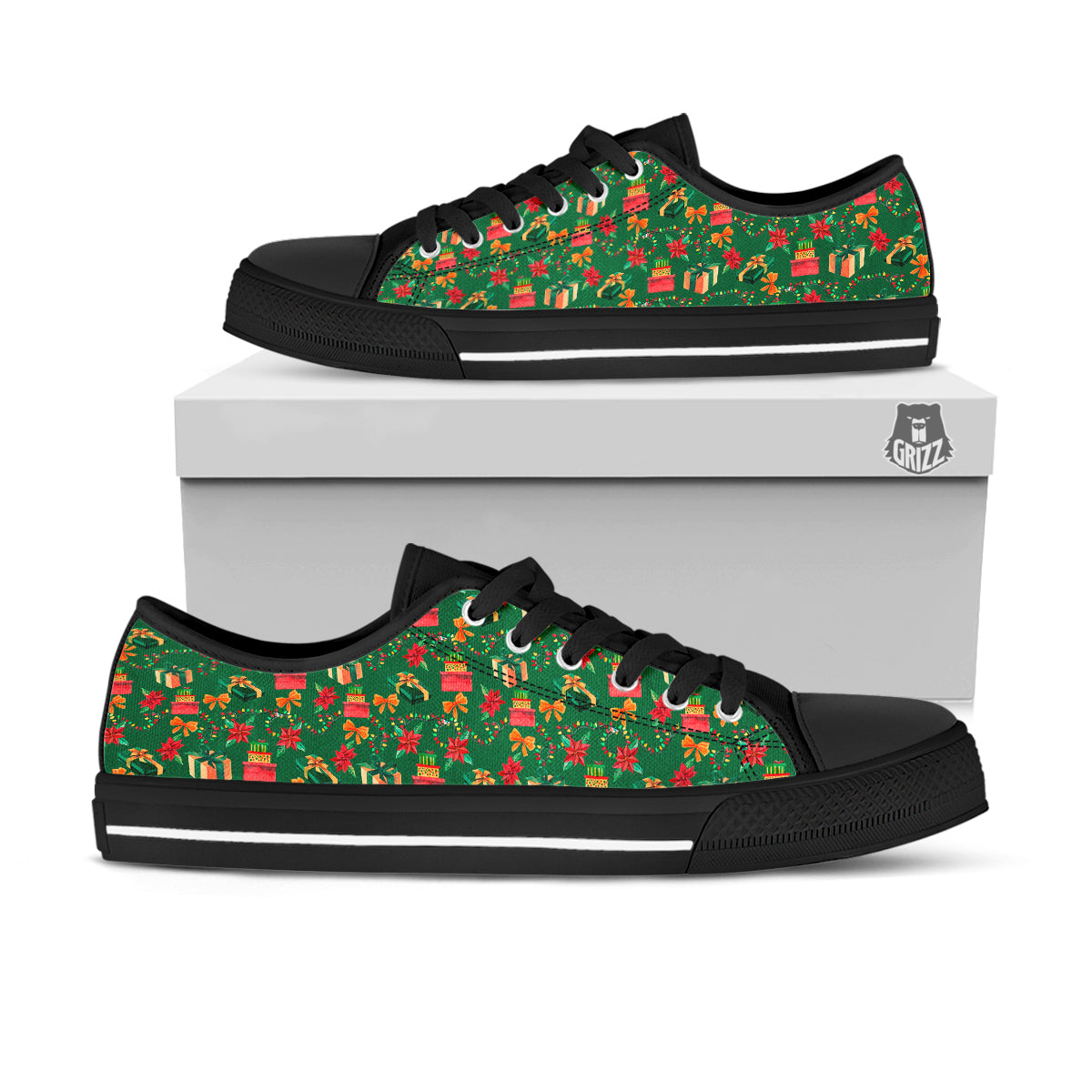 Poinsettia Cute Christmas Print Pattern Black Low Top Shoes-grizzshop
