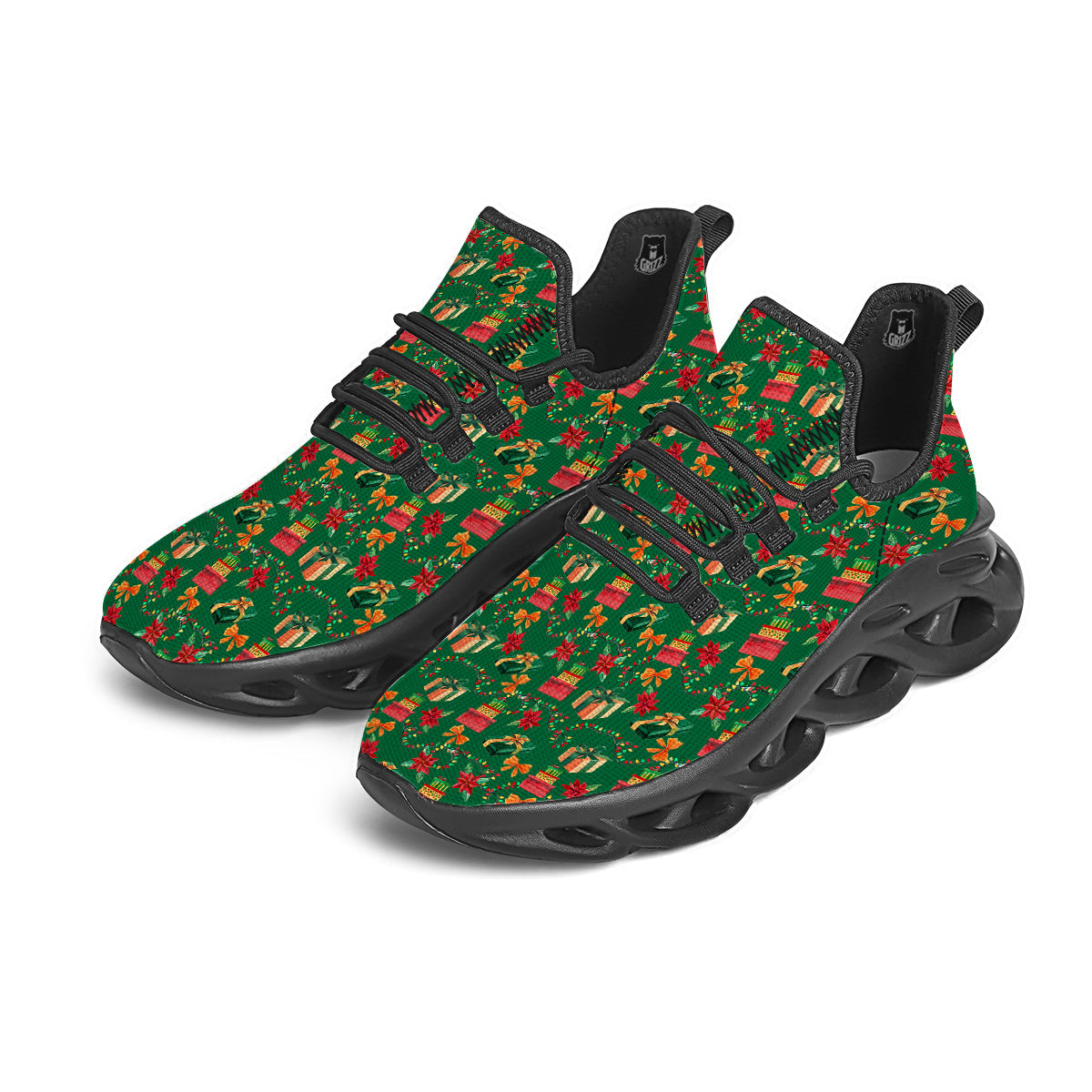 Poinsettia Cute Christmas Print Pattern Black Running Shoes-grizzshop