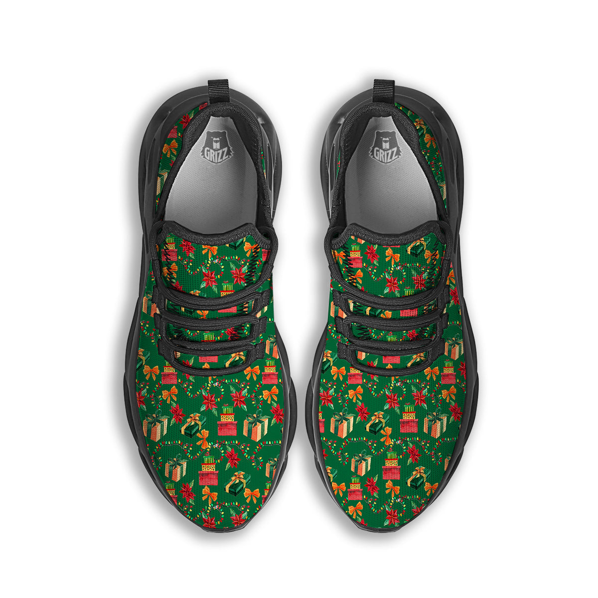 Poinsettia Cute Christmas Print Pattern Black Running Shoes-grizzshop