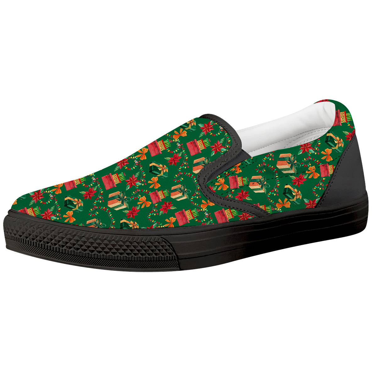 Poinsettia Cute Christmas Print Pattern Black Slip On Shoes-grizzshop