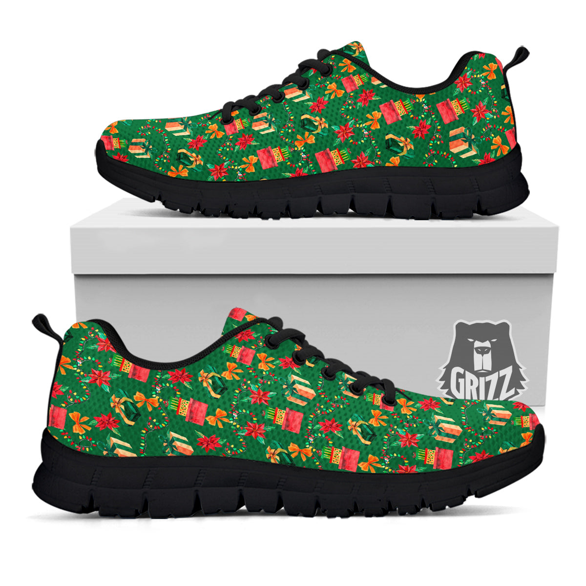 Poinsettia Cute Christmas Print Pattern Black Sneaker-grizzshop