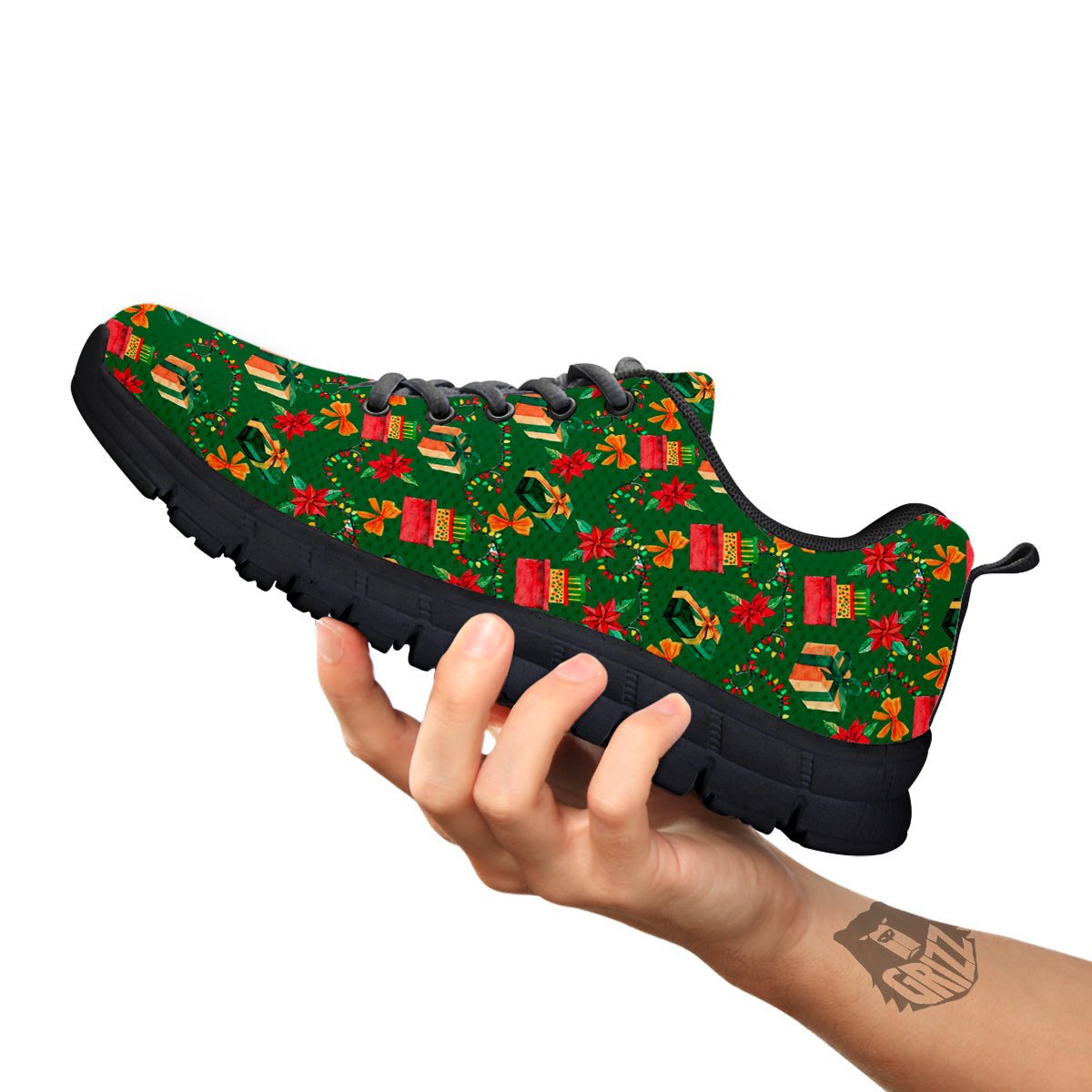 Poinsettia Cute Christmas Print Pattern Black Sneaker-grizzshop