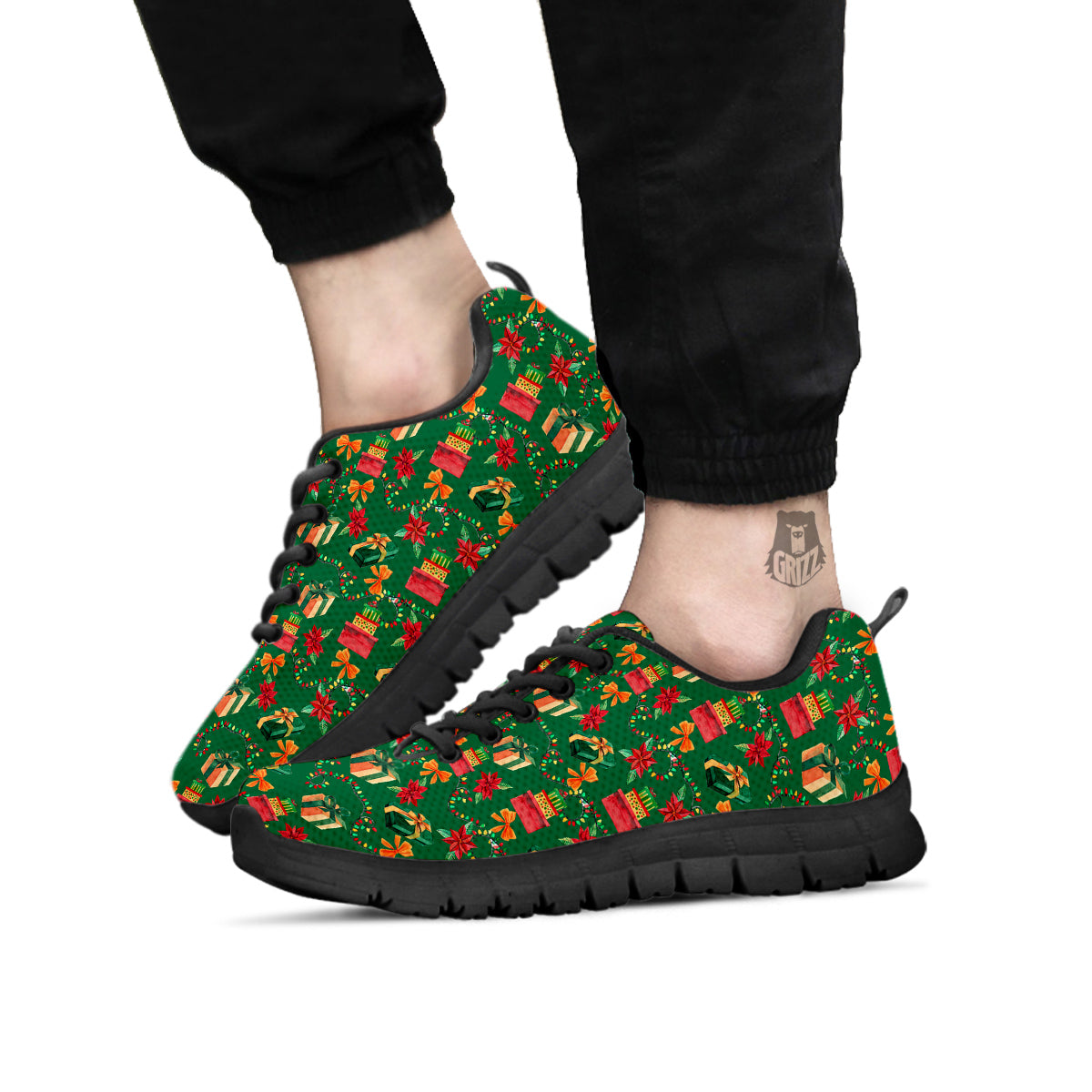 Poinsettia Cute Christmas Print Pattern Black Sneaker-grizzshop