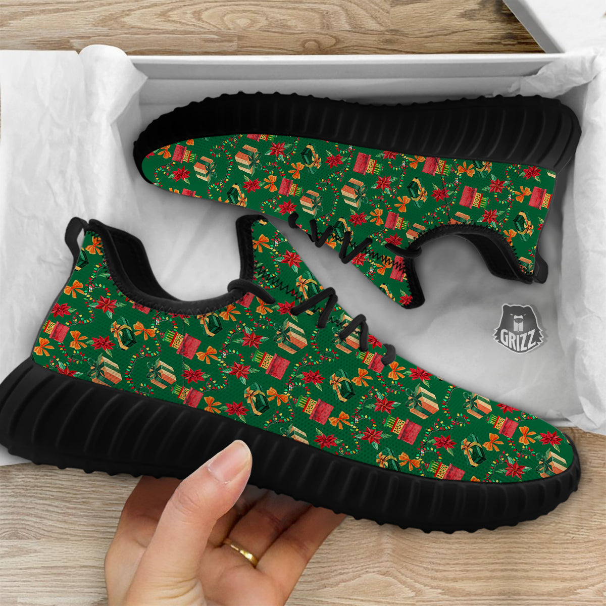 Poinsettia Cute Christmas Print Pattern Black Walking Shoes-grizzshop
