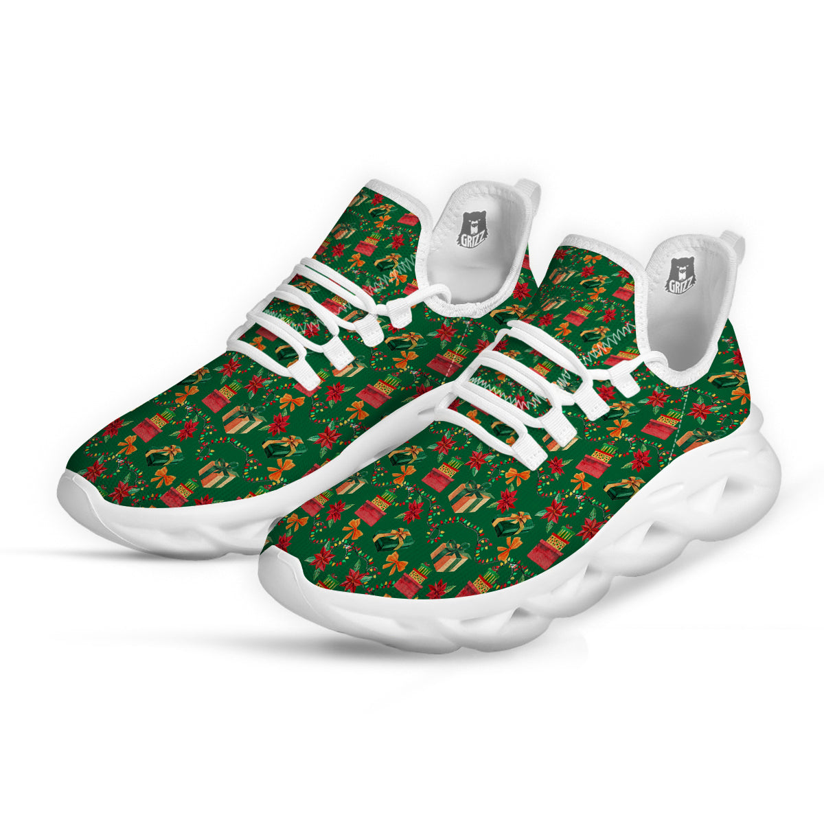 Poinsettia Cute Christmas Print Pattern White Running Shoes-grizzshop