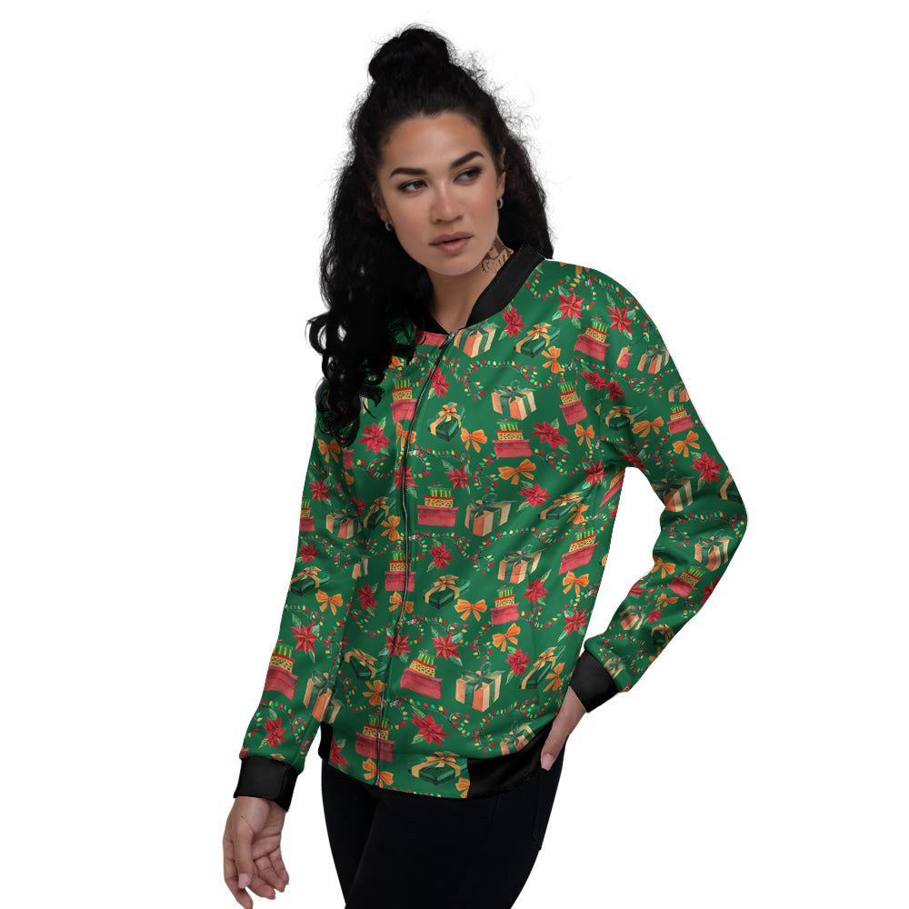 Poinsettia Cute Christmas Print Pattern Women's Bomber Jacket-grizzshop