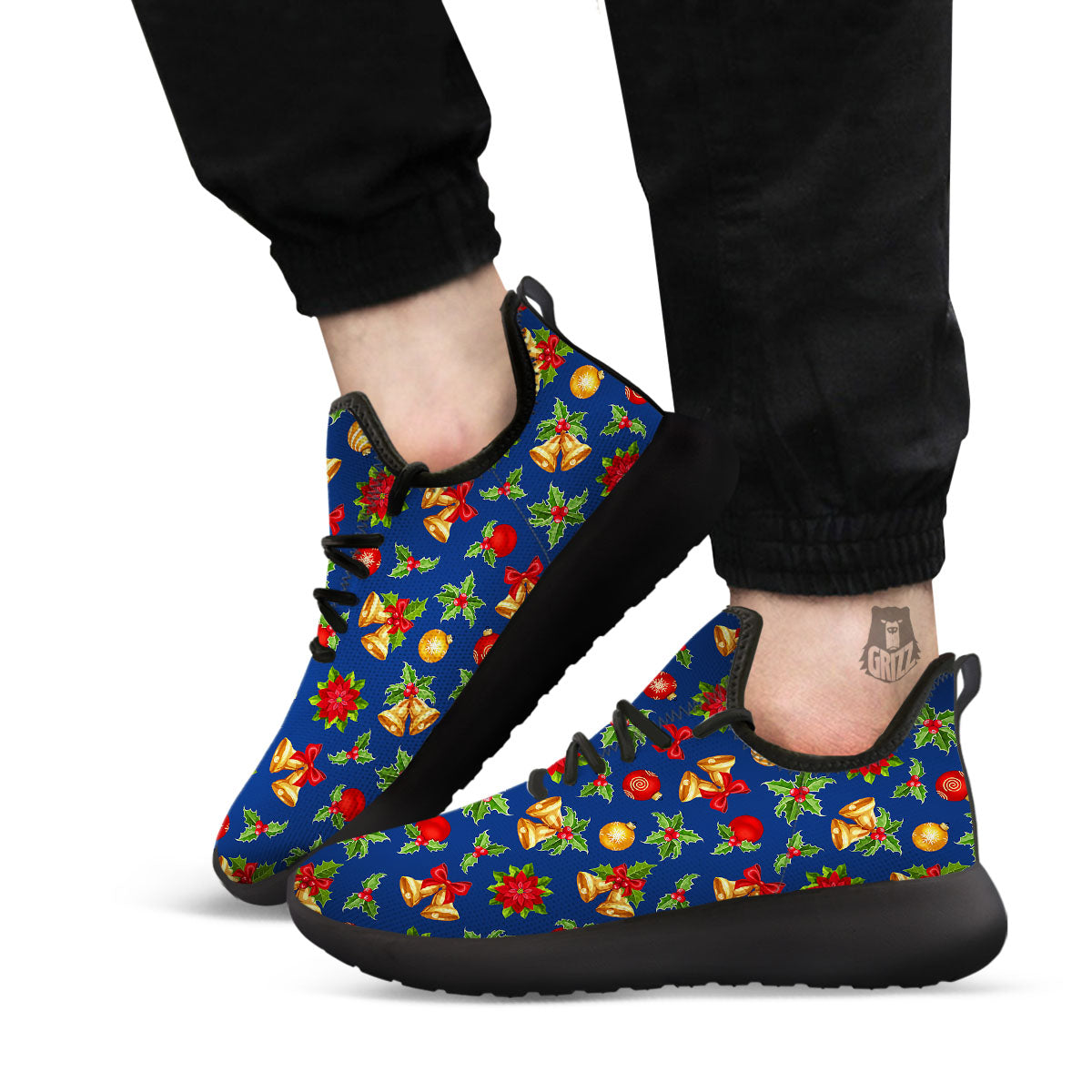 Poinsettia Merry Christmas Print Pattern Black Athletic Shoes-grizzshop