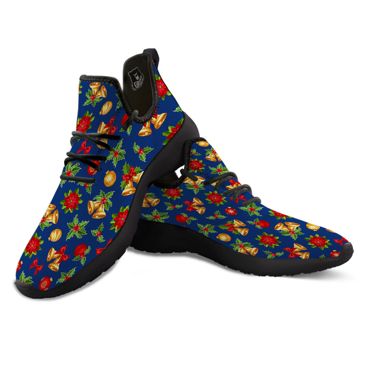 Poinsettia Merry Christmas Print Pattern Black Athletic Shoes-grizzshop