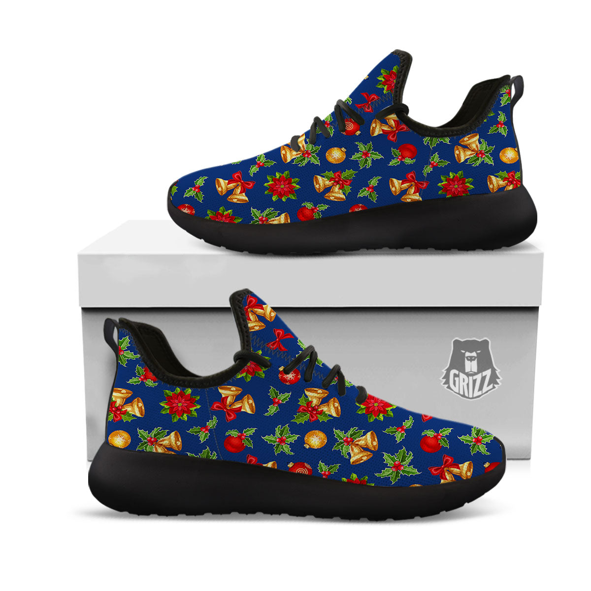 Poinsettia Merry Christmas Print Pattern Black Athletic Shoes-grizzshop
