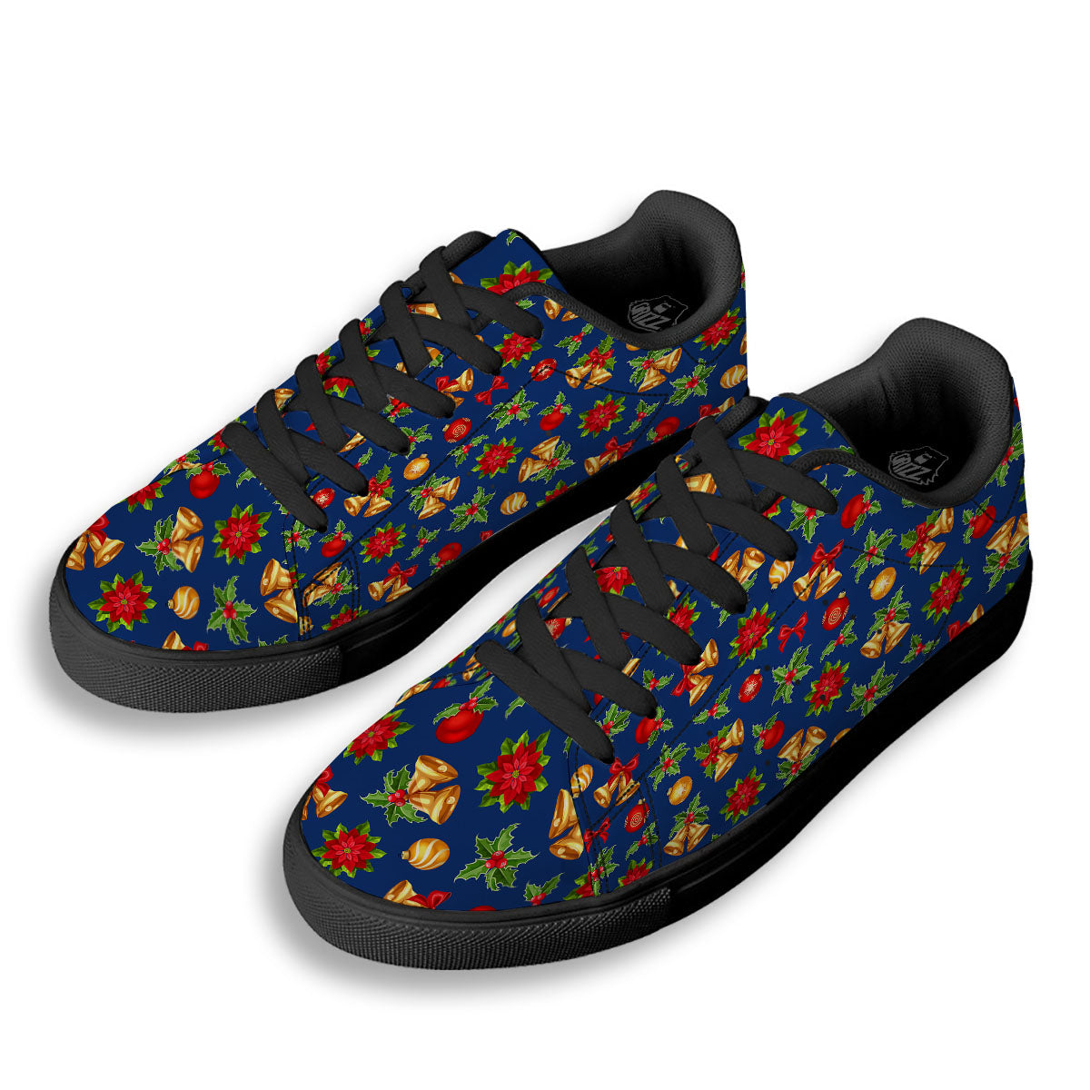 Poinsettia Merry Christmas Print Pattern Black Low Top Sneakers-grizzshop