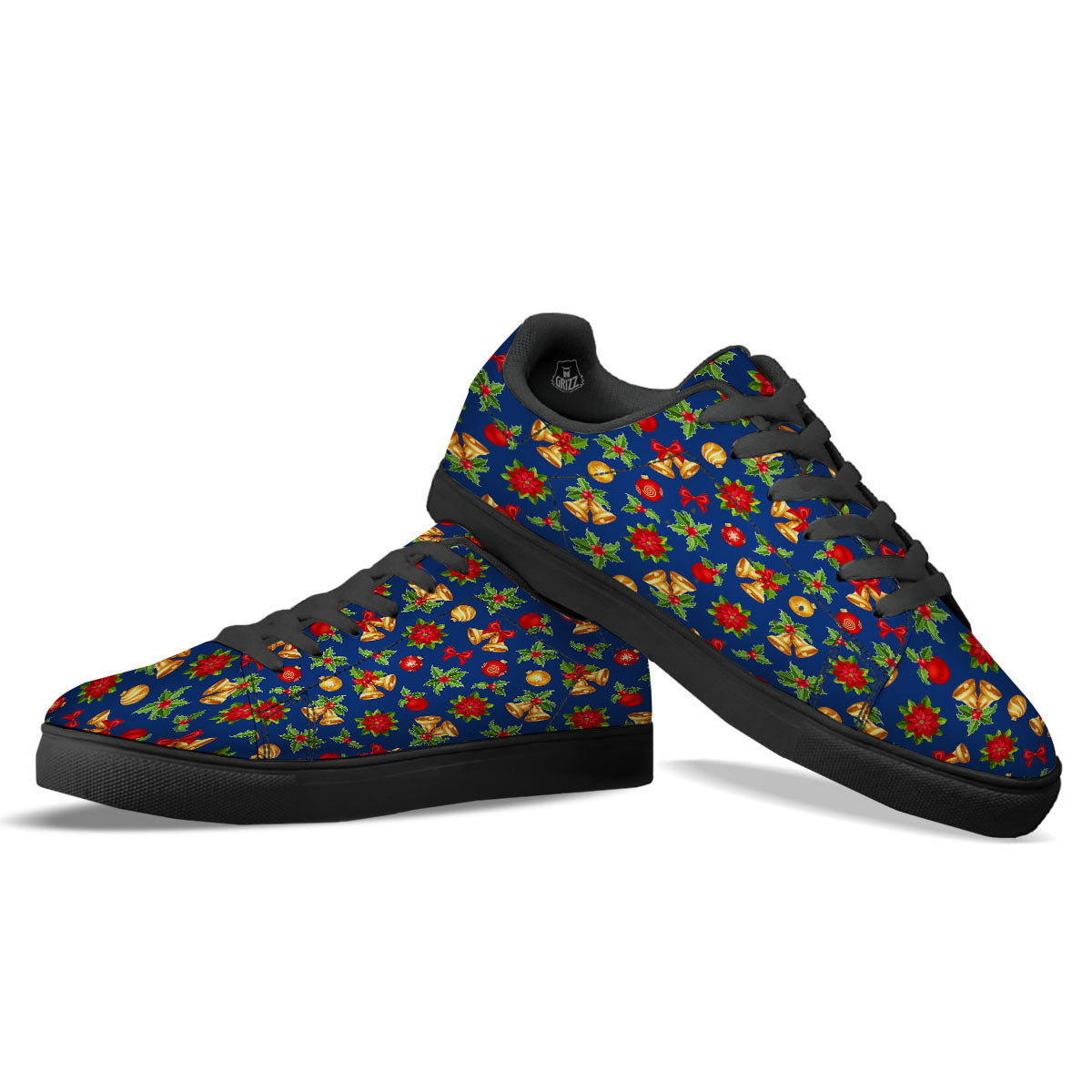 Poinsettia Merry Christmas Print Pattern Black Low Top Sneakers-grizzshop