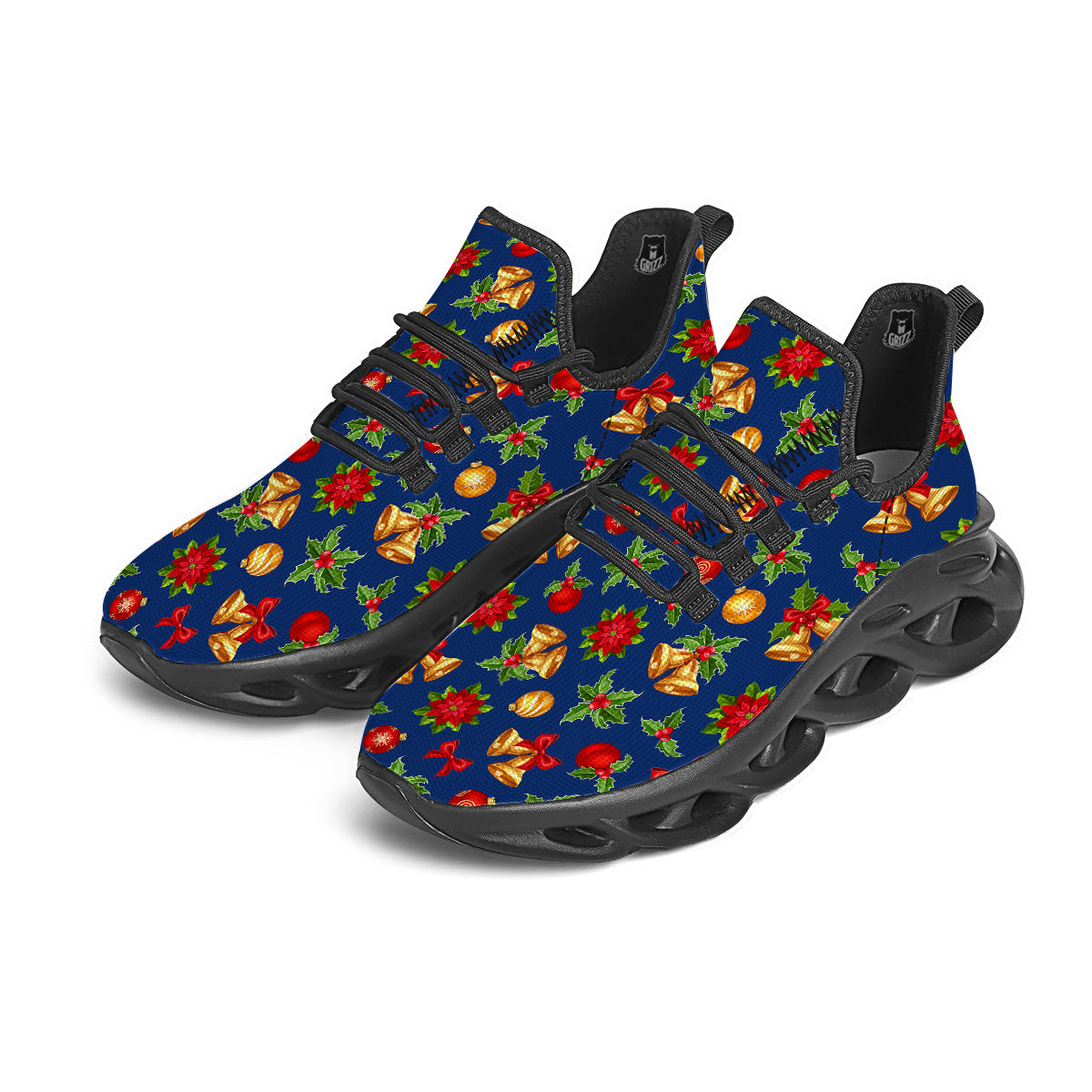 Poinsettia Merry Christmas Print Pattern Black Running Shoes-grizzshop