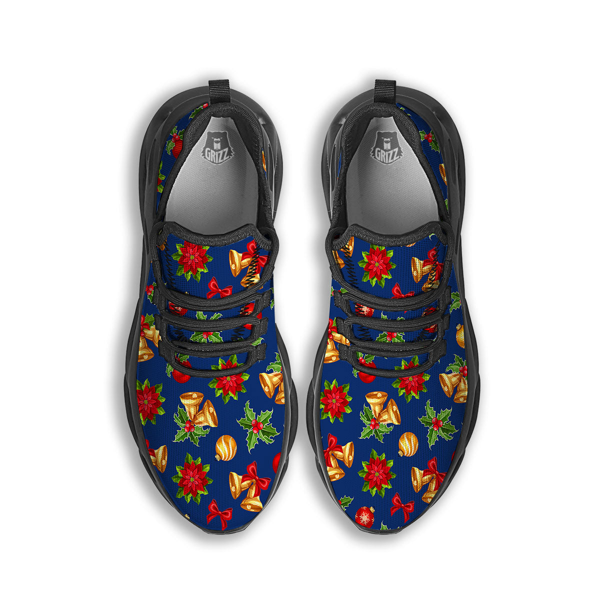 Poinsettia Merry Christmas Print Pattern Black Running Shoes-grizzshop