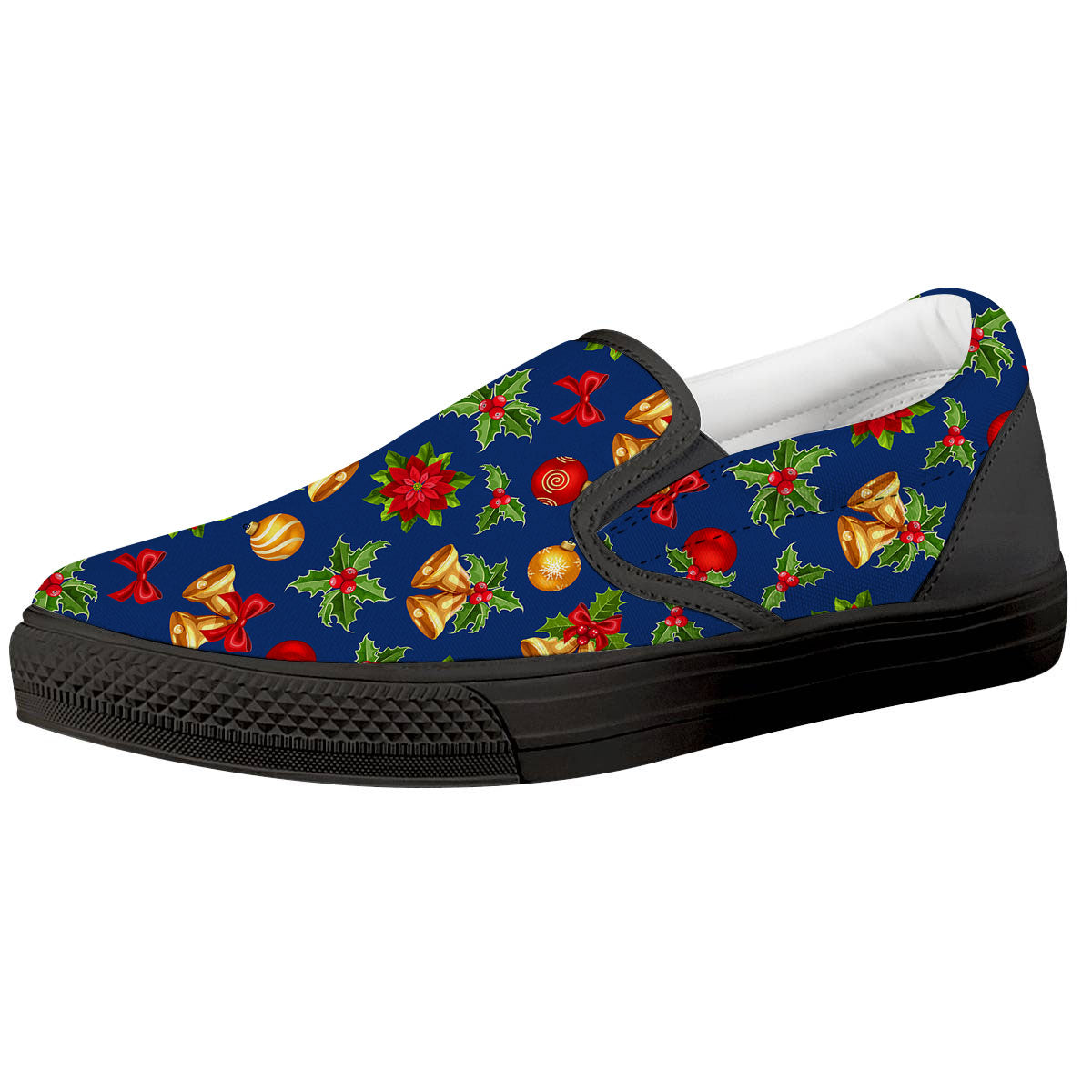 Poinsettia Merry Christmas Print Pattern Black Slip On Shoes-grizzshop