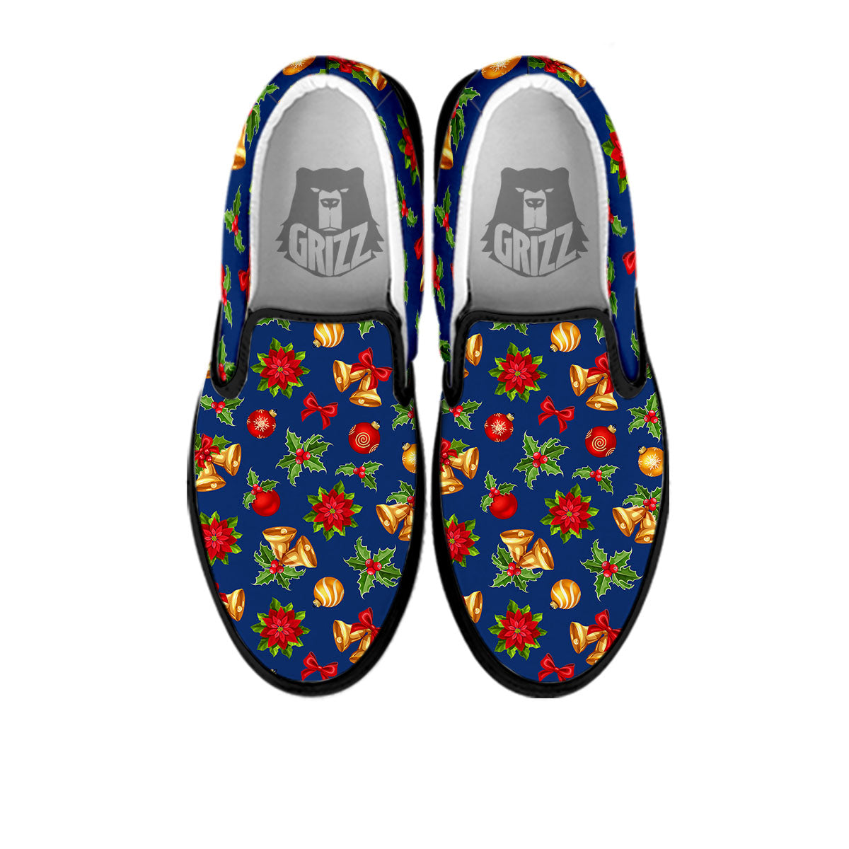 Poinsettia Merry Christmas Print Pattern Black Slip On Shoes-grizzshop