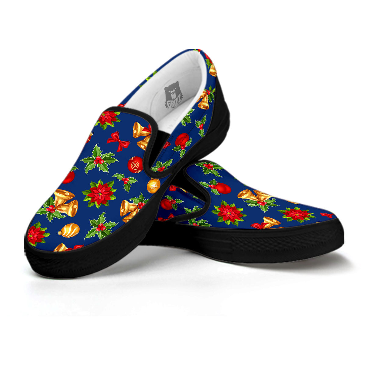 Poinsettia Merry Christmas Print Pattern Black Slip On Shoes-grizzshop