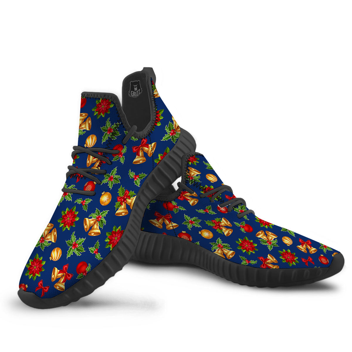 Poinsettia Merry Christmas Print Pattern Black Walking Shoes-grizzshop