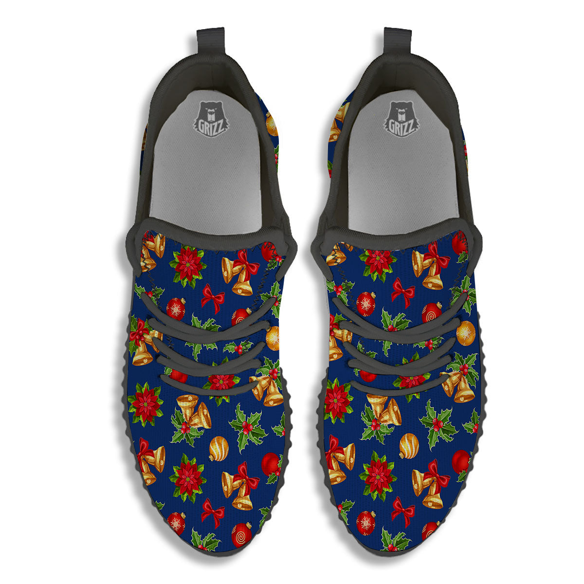 Poinsettia Merry Christmas Print Pattern Black Walking Shoes-grizzshop
