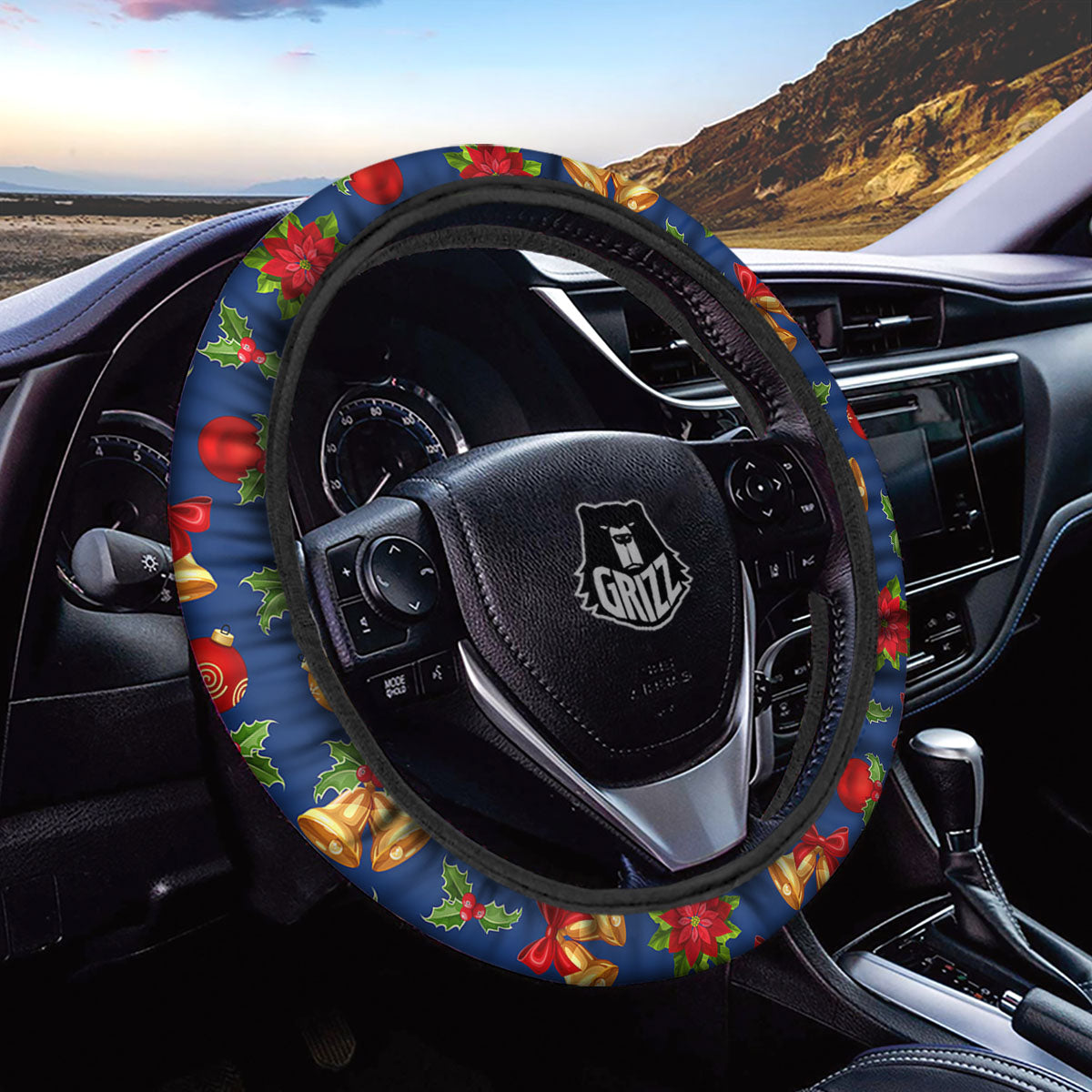 Poinsettia Merry Christmas Print Pattern Car Steering Wheel Cover-grizzshop