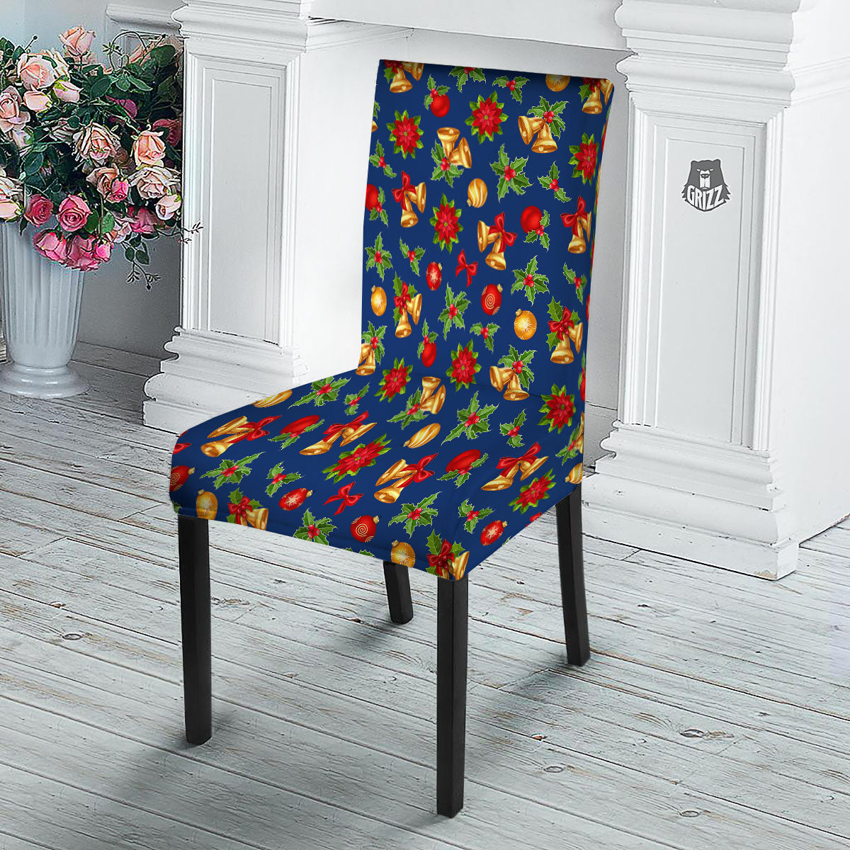 Poinsettia Merry Christmas Print Pattern Dining Chair Slipcover-grizzshop
