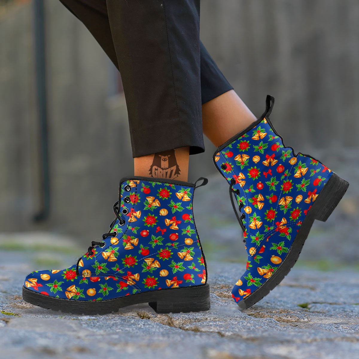 Poinsettia Merry Christmas Print Pattern Leather Boots-grizzshop