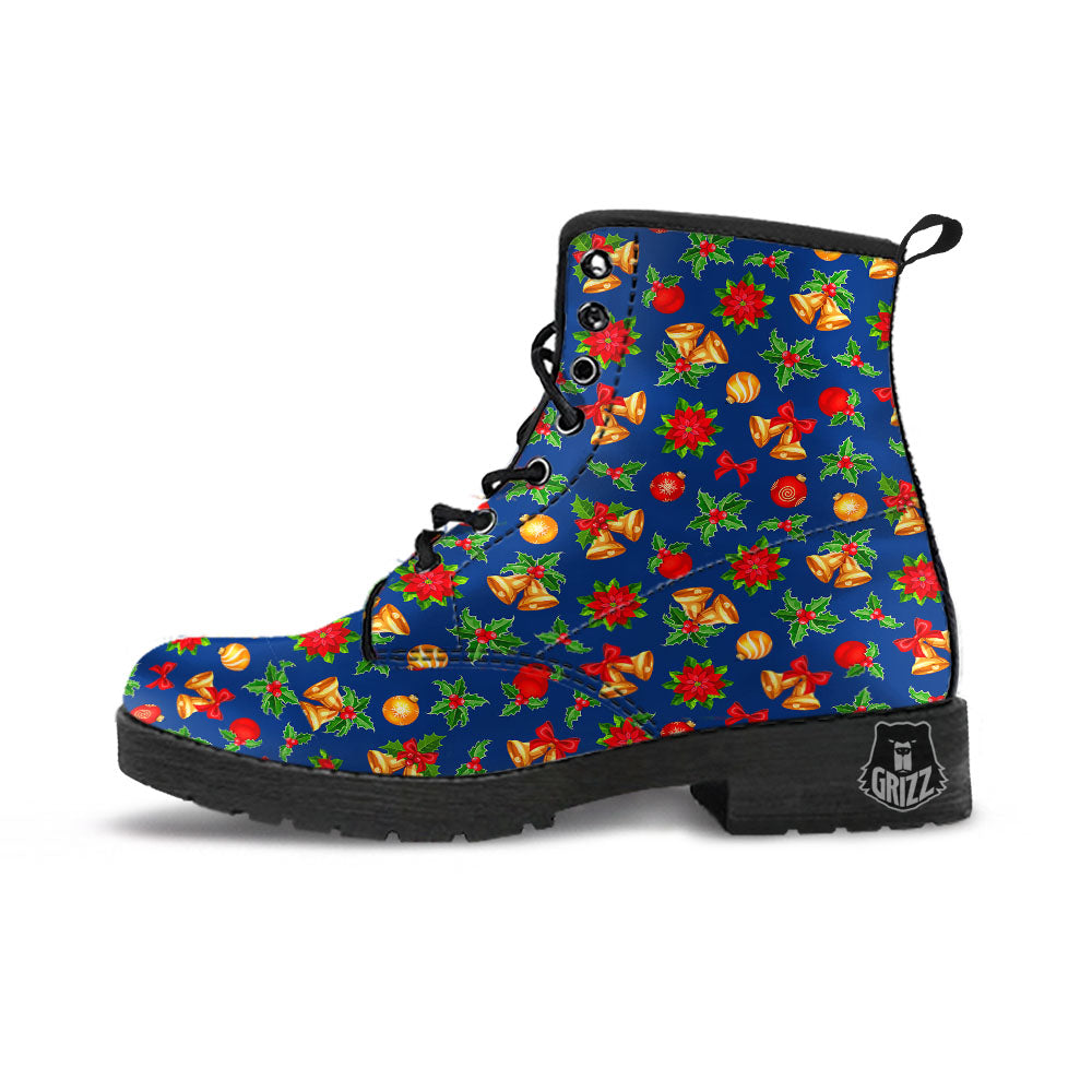 Poinsettia Merry Christmas Print Pattern Leather Boots-grizzshop