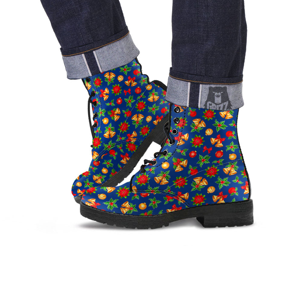 Poinsettia Merry Christmas Print Pattern Leather Boots-grizzshop