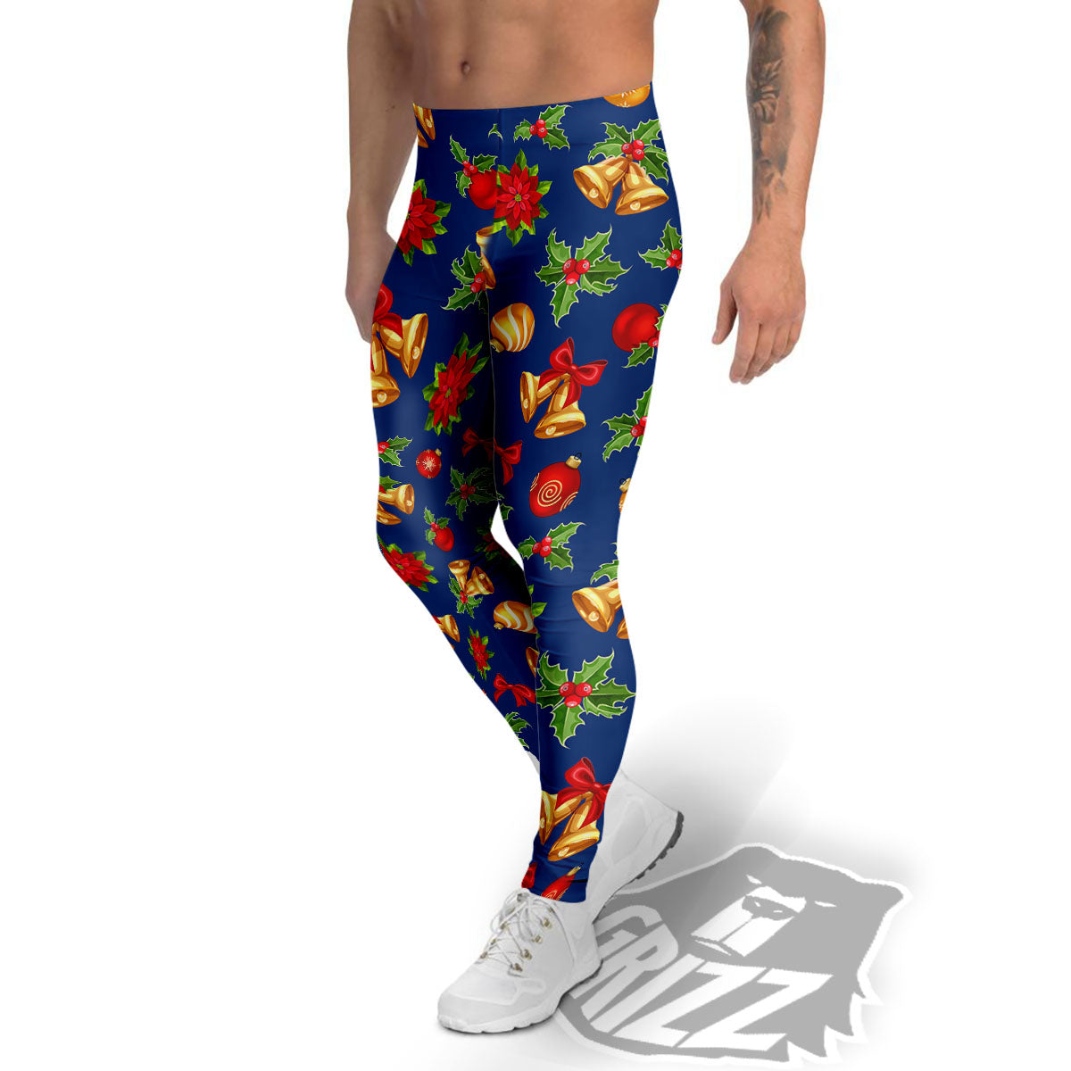 Poinsettia Merry Christmas Print Pattern Men's Leggings-grizzshop