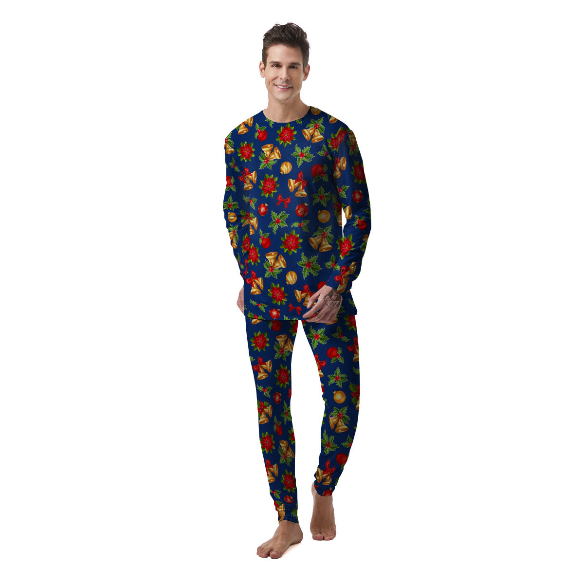 Poinsettia Merry Christmas Print Pattern Men's Pajamas-grizzshop