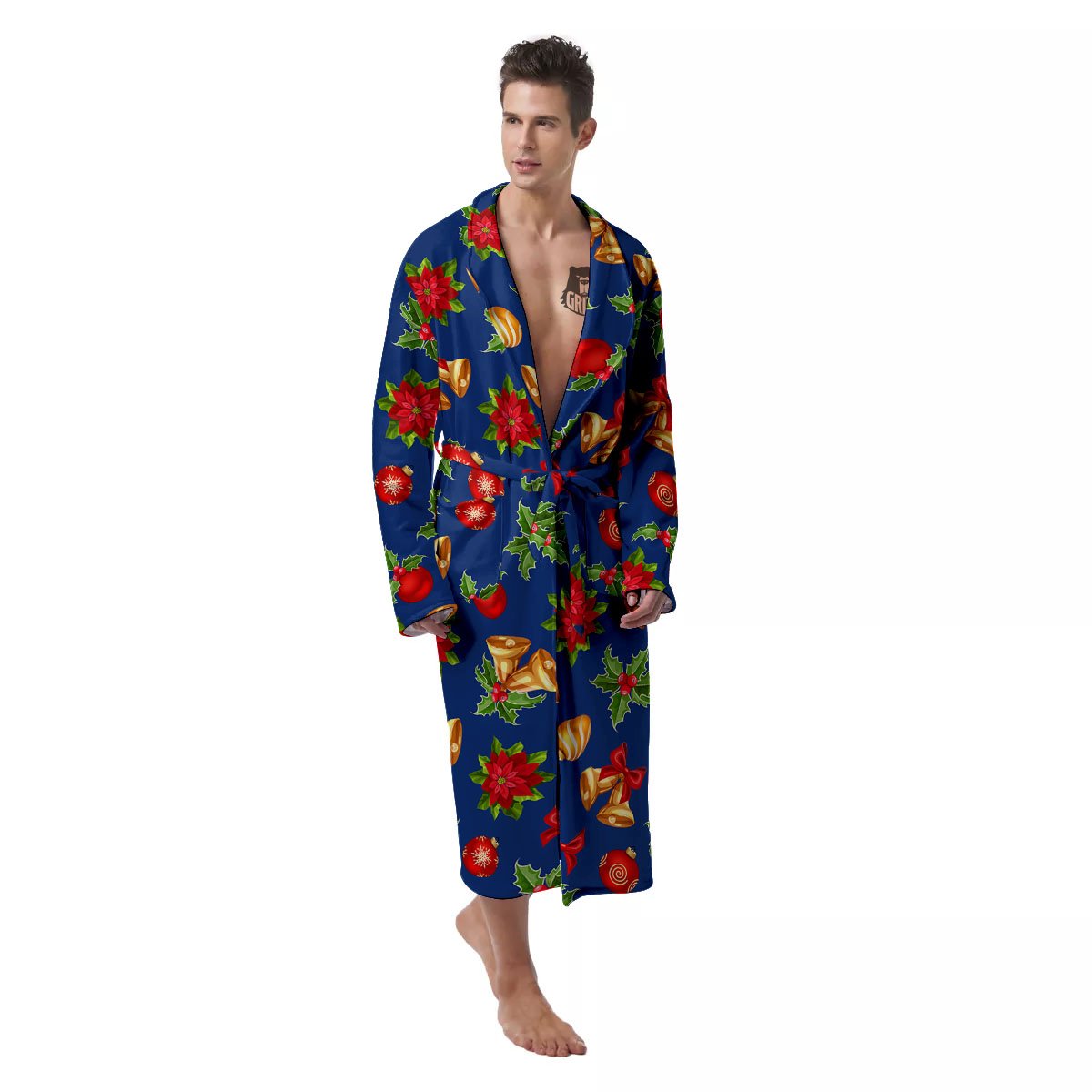 Poinsettia Merry Christmas Print Pattern Men's Robe-grizzshop