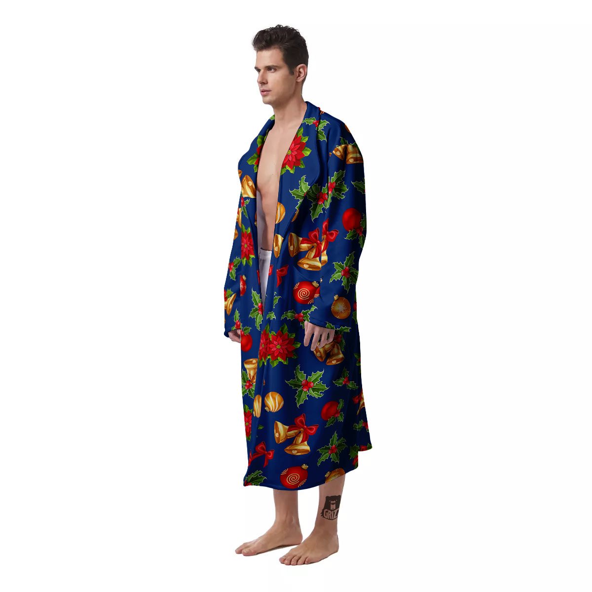 Poinsettia Merry Christmas Print Pattern Men's Robe-grizzshop