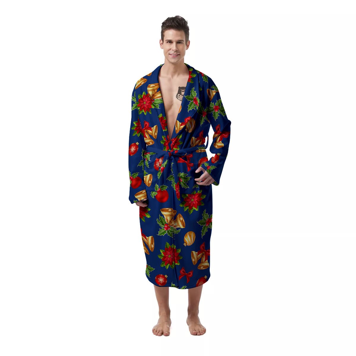 Poinsettia Merry Christmas Print Pattern Men's Robe-grizzshop