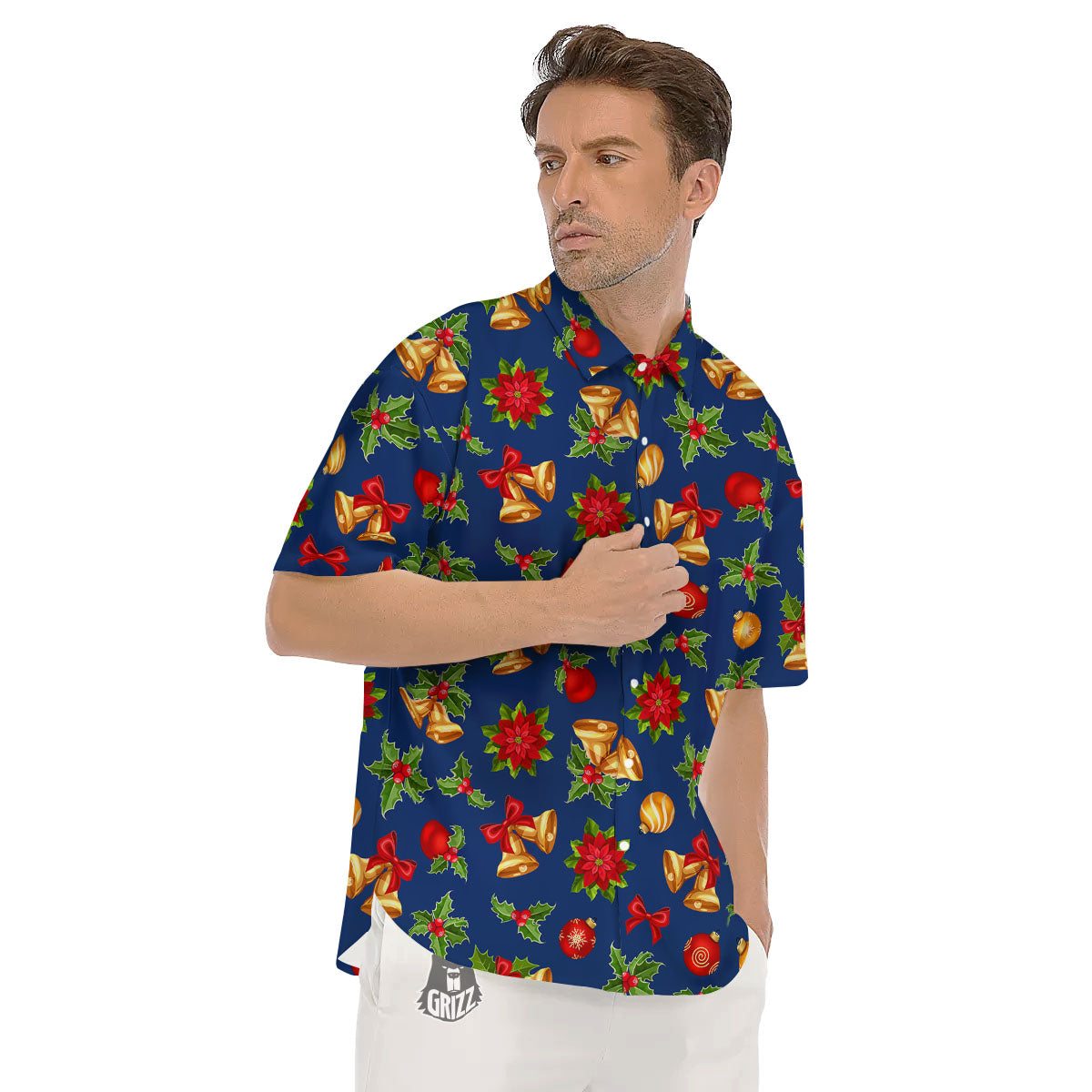 Poinsettia Merry Christmas Print Pattern Men's Short Sleeve Shirts-grizzshop