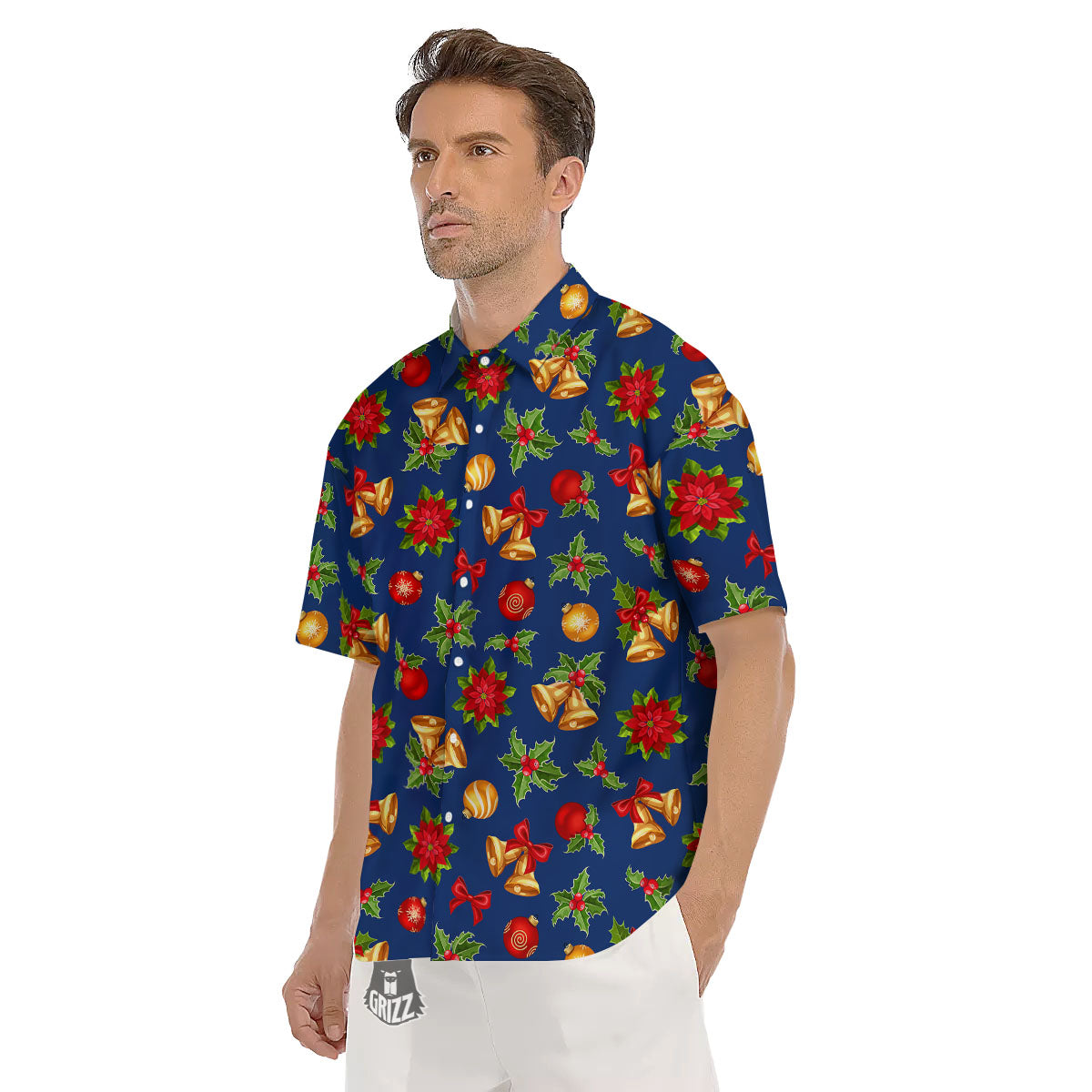 Poinsettia Merry Christmas Print Pattern Men's Short Sleeve Shirts-grizzshop