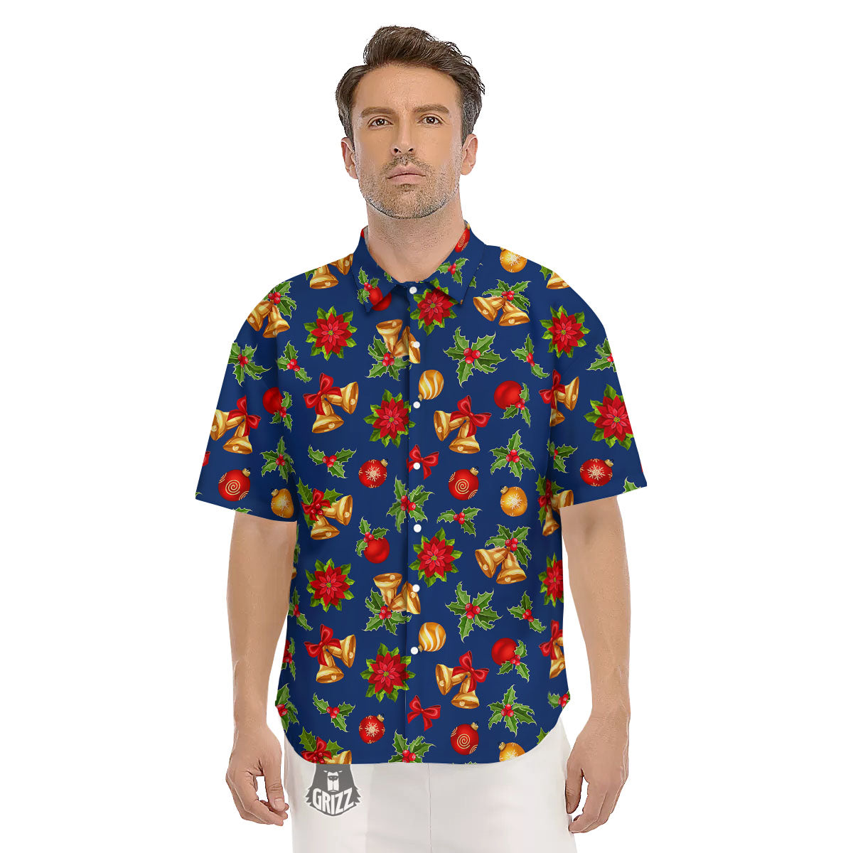 Poinsettia Merry Christmas Print Pattern Men's Short Sleeve Shirts-grizzshop