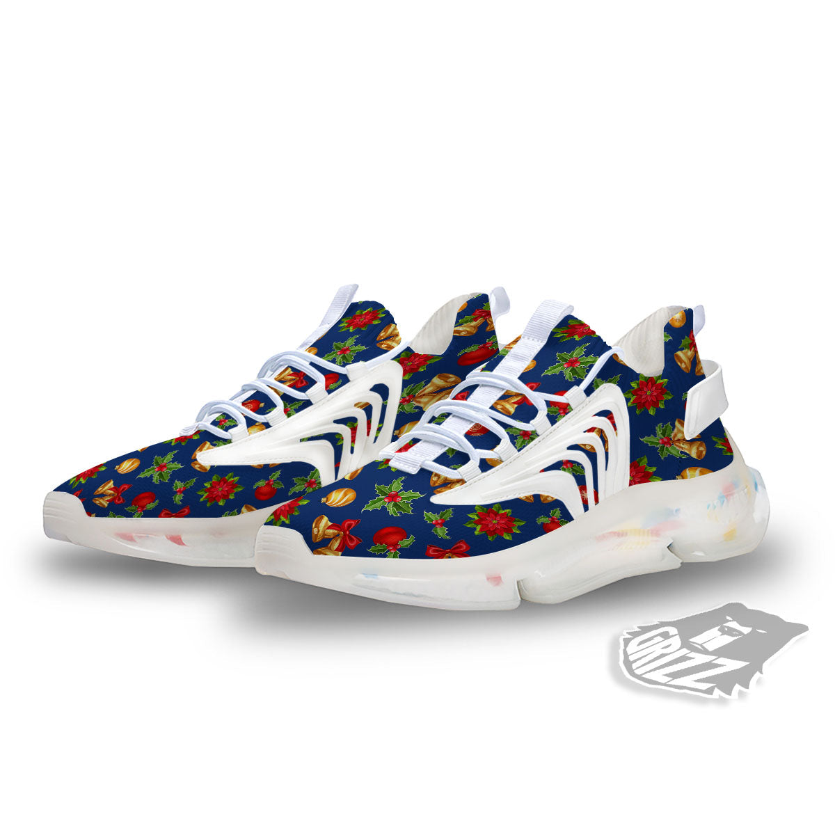 Poinsettia Merry Christmas Print Pattern White Gym Shoes-grizzshop