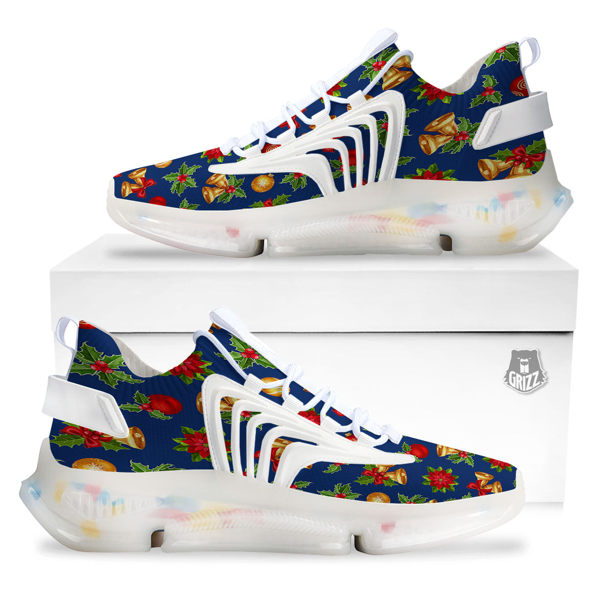 Poinsettia Merry Christmas Print Pattern White Gym Shoes-grizzshop