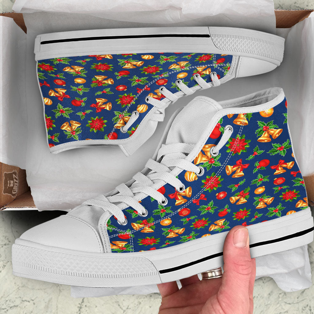 Poinsettia Merry Christmas Print Pattern White High Top Shoes-grizzshop