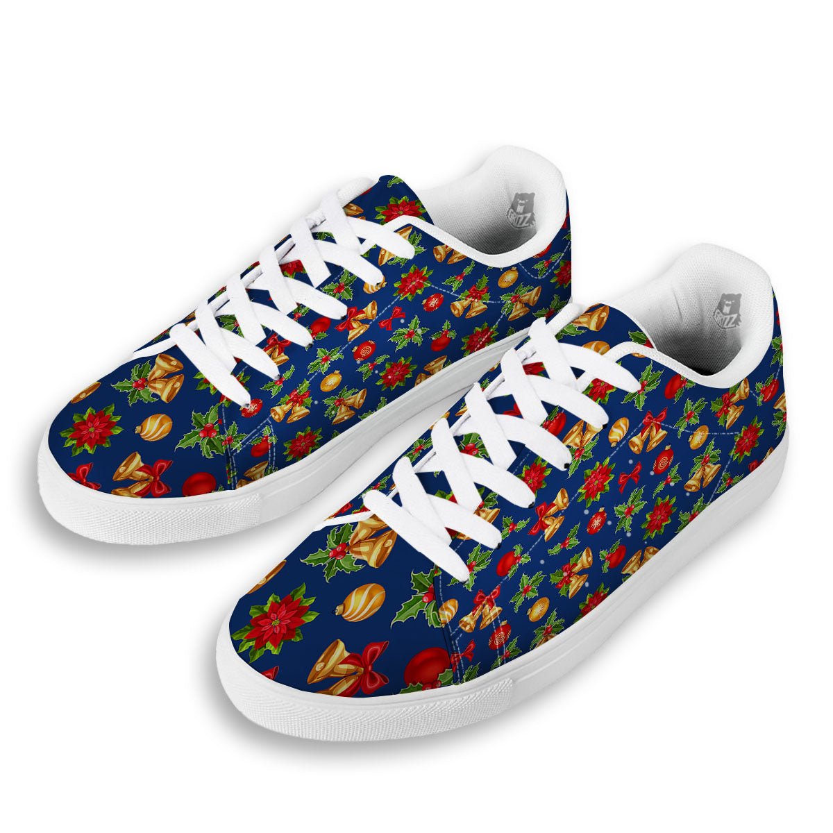 Poinsettia Merry Christmas Print Pattern White Low Top Sneakers-grizzshop