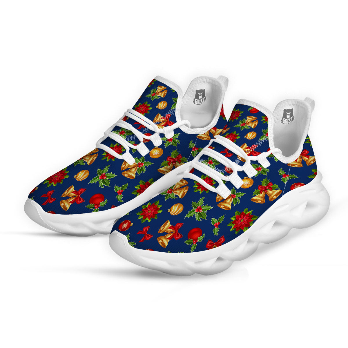 Poinsettia Merry Christmas Print Pattern White Running Shoes-grizzshop