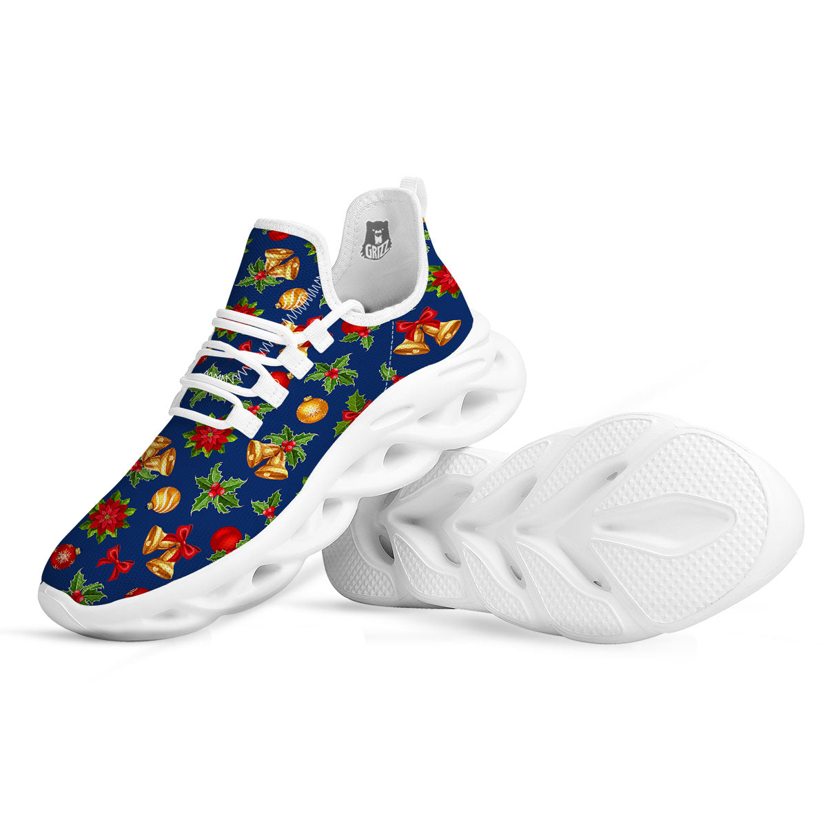 Poinsettia Merry Christmas Print Pattern White Running Shoes-grizzshop