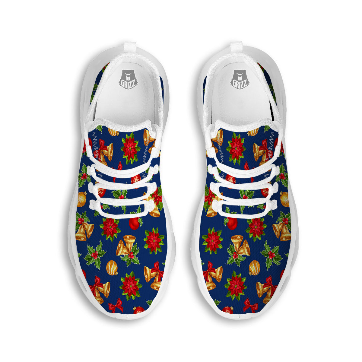 Poinsettia Merry Christmas Print Pattern White Running Shoes-grizzshop
